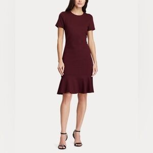 Lauren Ralph Lauren burgundy ponte knit button detail ruffle hem dress, medium.